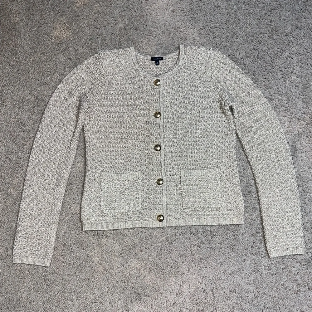 Talbots Kate Metallic Knit Button Up Crew Neck Cardigan‎ Sweater Gold Shimmer XS